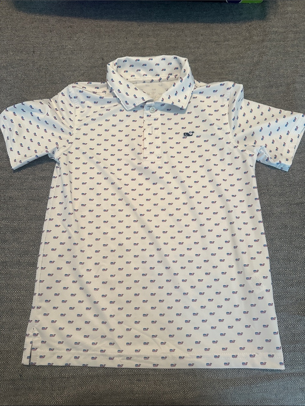 Vineyard Vines Kids White Polo with Blue Whale Pattern